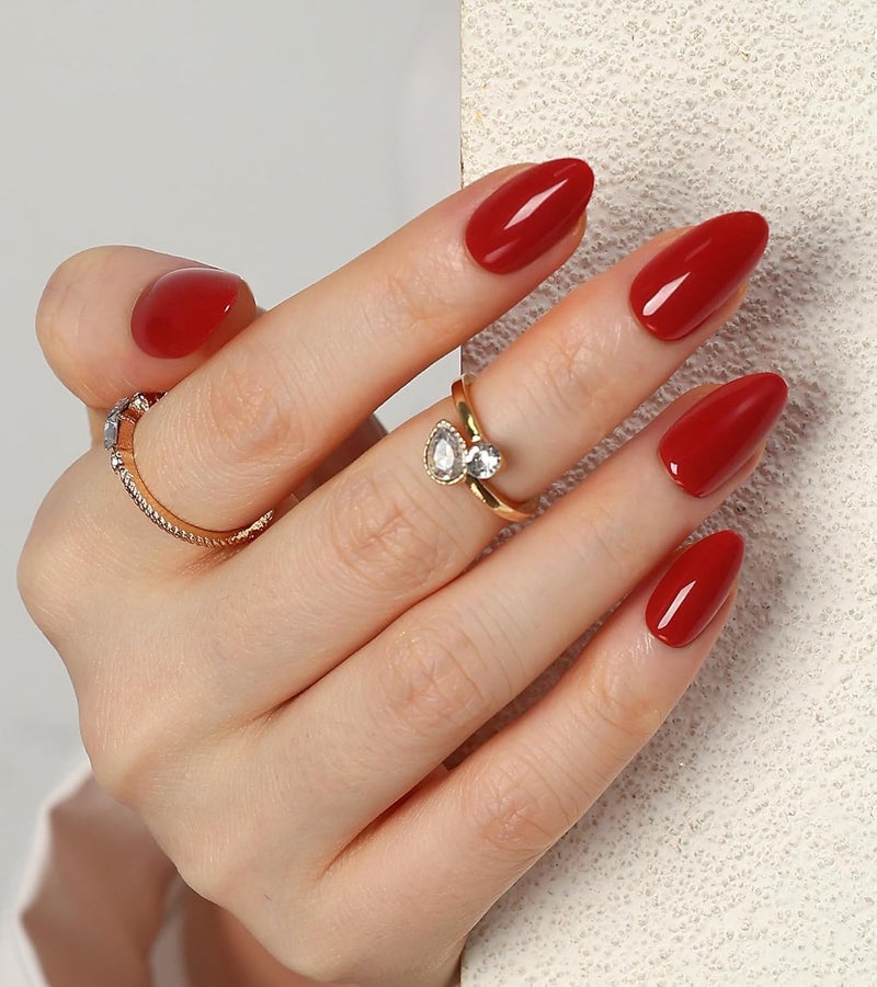 morily Red Press on Nails, 30Pcs Short Almond Fake Nails Glossy Acrylic False Nails Reusable Full Cover Stick on Nails for Women, 15 Sizes, Thicker Fingertips - Image 1